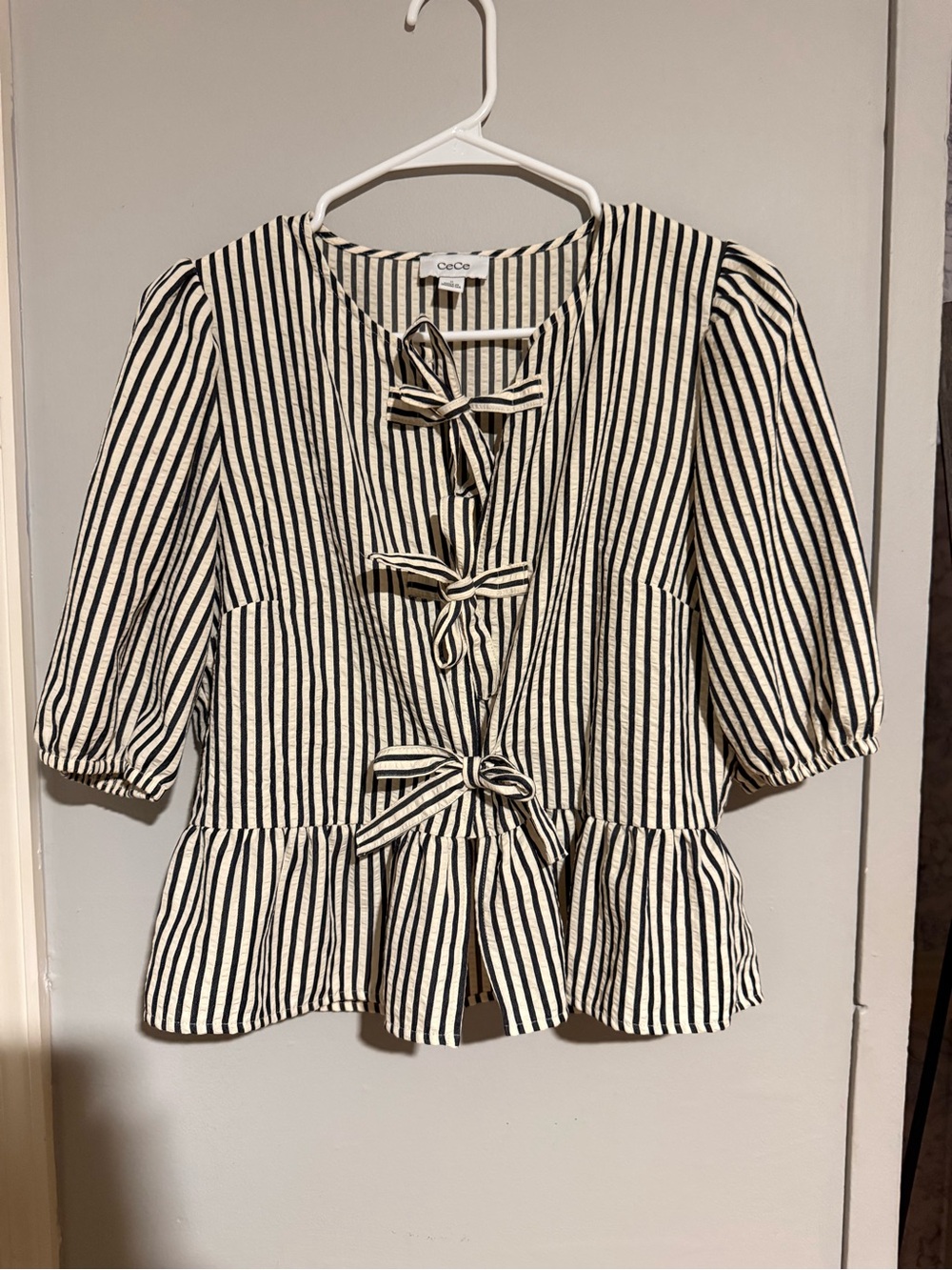CeCe Black & White Striped Tie-Front Peplum Blouse